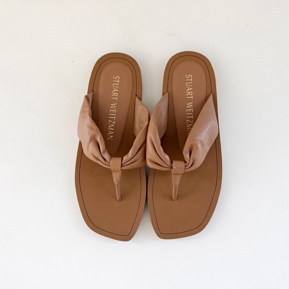 Stuart Weitzman Tan Knotted Leather Toe-Post Sandals
